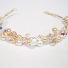 Gold Filled Tiara Hair Band with Ivory & Gold Pearls & Golden Shadow,  Clear AB Swarovski Crystals