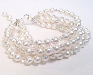 5 Strand White Pearl and Clear Crystal Wedding Jewelry Bracelet