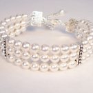 White PearlTriple Strand Swarovski Cuff Wedding Jewelry Bracelet
