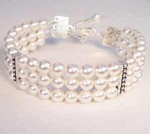 White PearlTriple Strand Swarovski Cuff Wedding Jewelry Bracelet