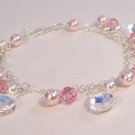 Pink Bracelet with Crystal Teardrops and Pink Pearls - Sterling Silver