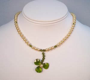 Shamrock Green Clover Necklace with Gold Pearls