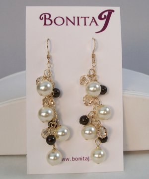 Cassidy Earrings with Ivory Pearls Deep Brown Pearls and Golden Shadow Crystals