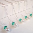 White Pearl and Light Emerald Crystal Pendant Bridesmaids Necklace