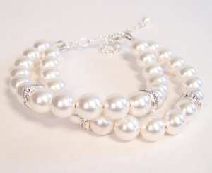 Double Strand White Pearl Bracelet with Rhinestone Accents - Wedding Bridal Bracelet