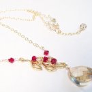 Dew Drop Vine Necklace w/ Teardrop - Gold Filled - Champagne and Red Crystals