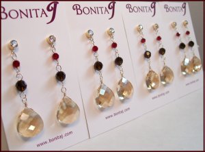 Champagne Teardrop Earrings with Red and Brown Crystals - Gold Filled - CZ Posts