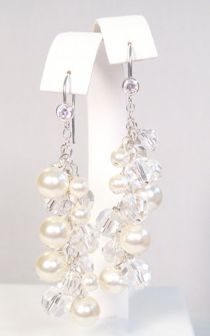 Harlow Pearl Cluster Earrings with CZ French Hooks - Bridal Earrings Pearl and Crystal