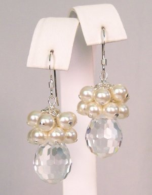 Dilynn Crystal Teardrop Pearl Cluster Earrings - Wedding Earrings - Sterling Silver