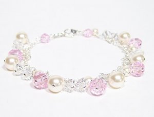 Pink Clear and Ivory Cluster Bracelet - Wedding Bracelet - Pearls and Crystals