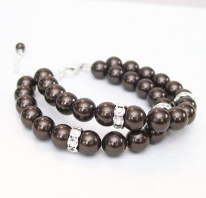 Deep Brown Double Strand Bracelet with Rhinestones - Sterling Silver