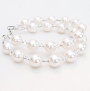 Double Strand White Pearl and Clear Crystal Bracelet - Wedding Bracelet