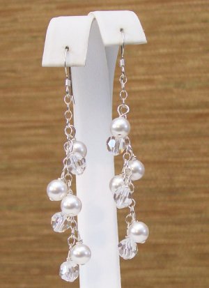 White Pearls & Clear Crystal Cluster Wedding Earrings