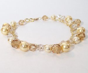 Golden Brown Pearl & Crystal Cluster Bracelet - 14k Gold Filled