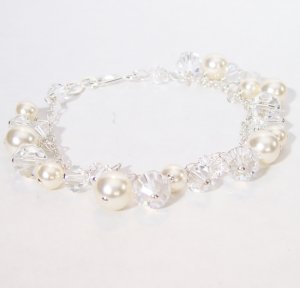 Cream Pearls & Clear Crystal Cluster Bracelet - Wedding Bracelet - Sterling Silver