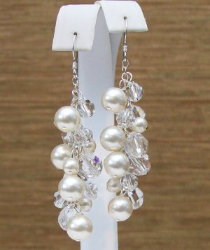 Cream Pearl & Clear Crystal Cluster Earrings - Wedding Earrings - Chandelier