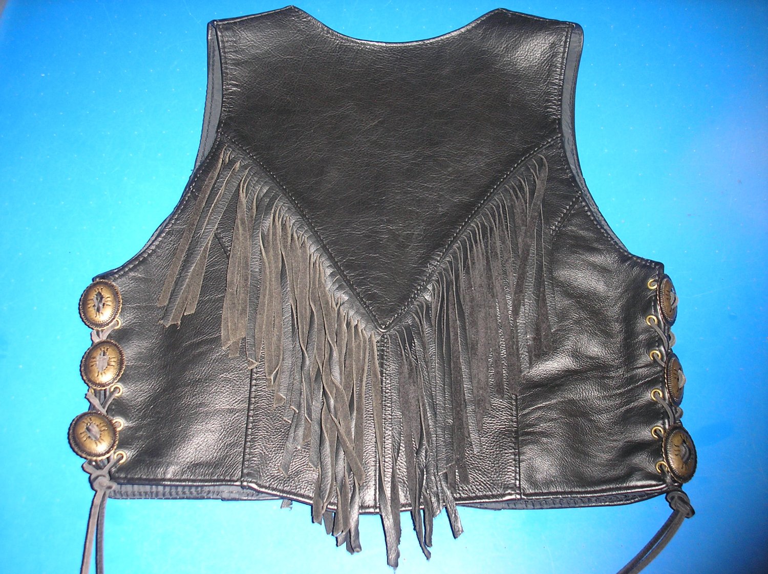 PROTECH LADIES BLACK LEATHER BIKER VEST w/ FRINGE & SIDE LACES"RODEO