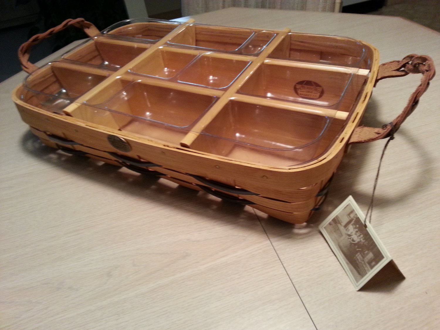 PETERBORO BUFFET SERVER BASKET w/ WOODEN INSERT & 12 COMPARTMENT