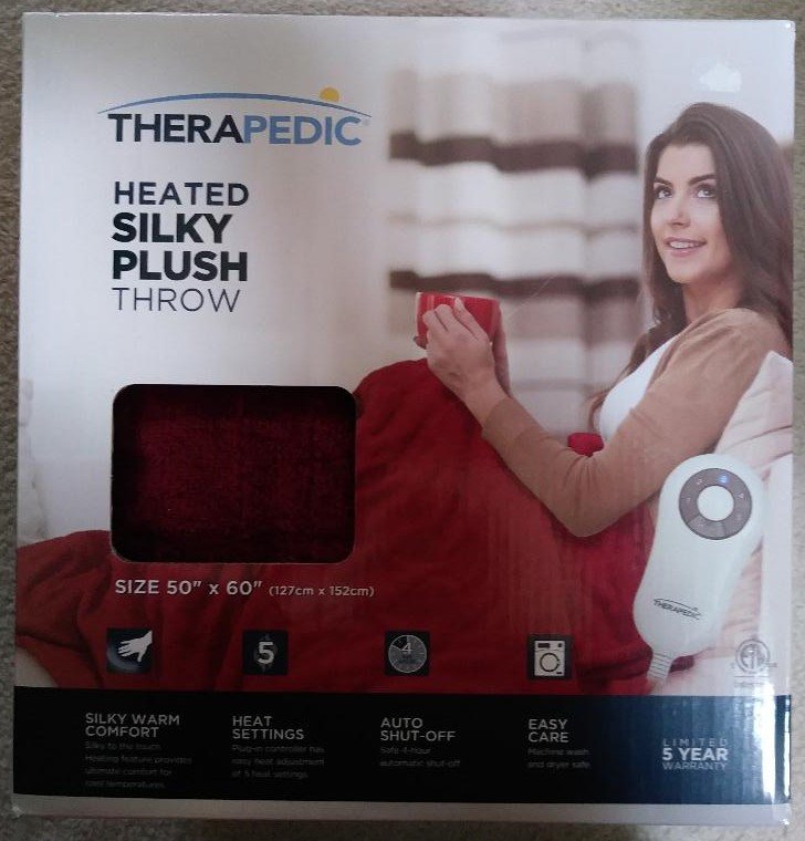 Therapedic Heated Silky Plush Throw 50 x 60 Auto Shut Off 5 Heat ...