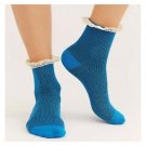 Free People Cobalt Waffle Knit Socks with Ruffle Lace Trim - NWT!