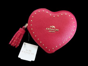 COACH EDGE GOLDTONE STUDS RED HEART COIN CASE IN CROSSGRAIN LEATHER with  TASSEL - NEW with TAG!