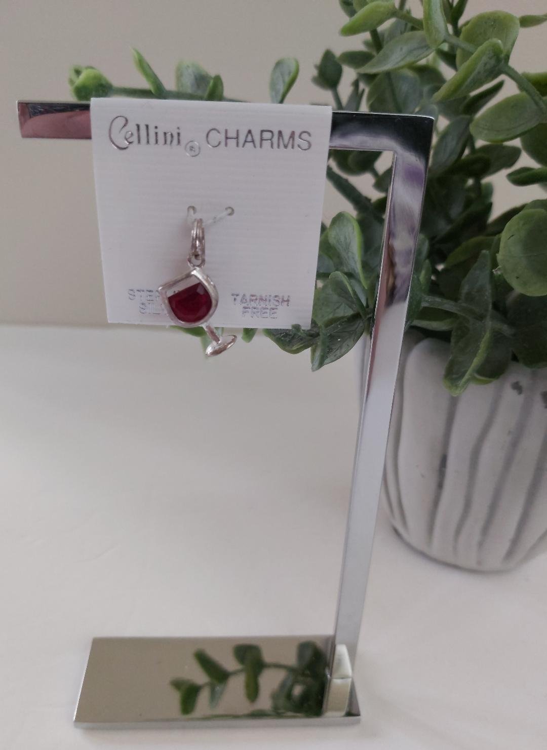 Vintage CELLINI Sterling Silver Faceted Stone Red Wine Glass Charm - NWT!