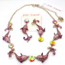 Betsey Johnson Glitter Reef Koi Fish Sea Pink/Red Druzy Necklace & Earring Set!