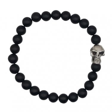 Vintage Erwin Pearl Lucky Skull Stretch Bracelet - 9" - Black Onyx & Sterling Silver - New in Box!