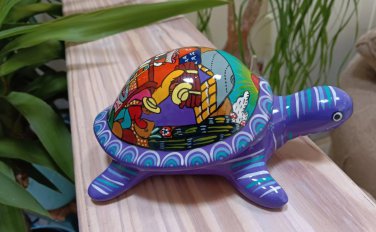 Vintage Mexican Folk Art Talavera Red Clay Pottery Purple Turtle Trinket Box!