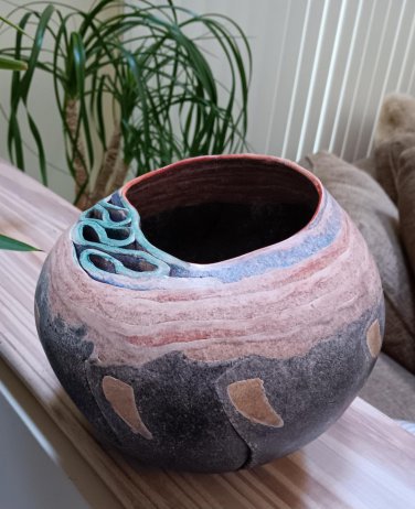 Vintage Signed Coco Schoenberg (French, B. 1939) Unglazed Ceramic Organic Form Vessel - NWOT!