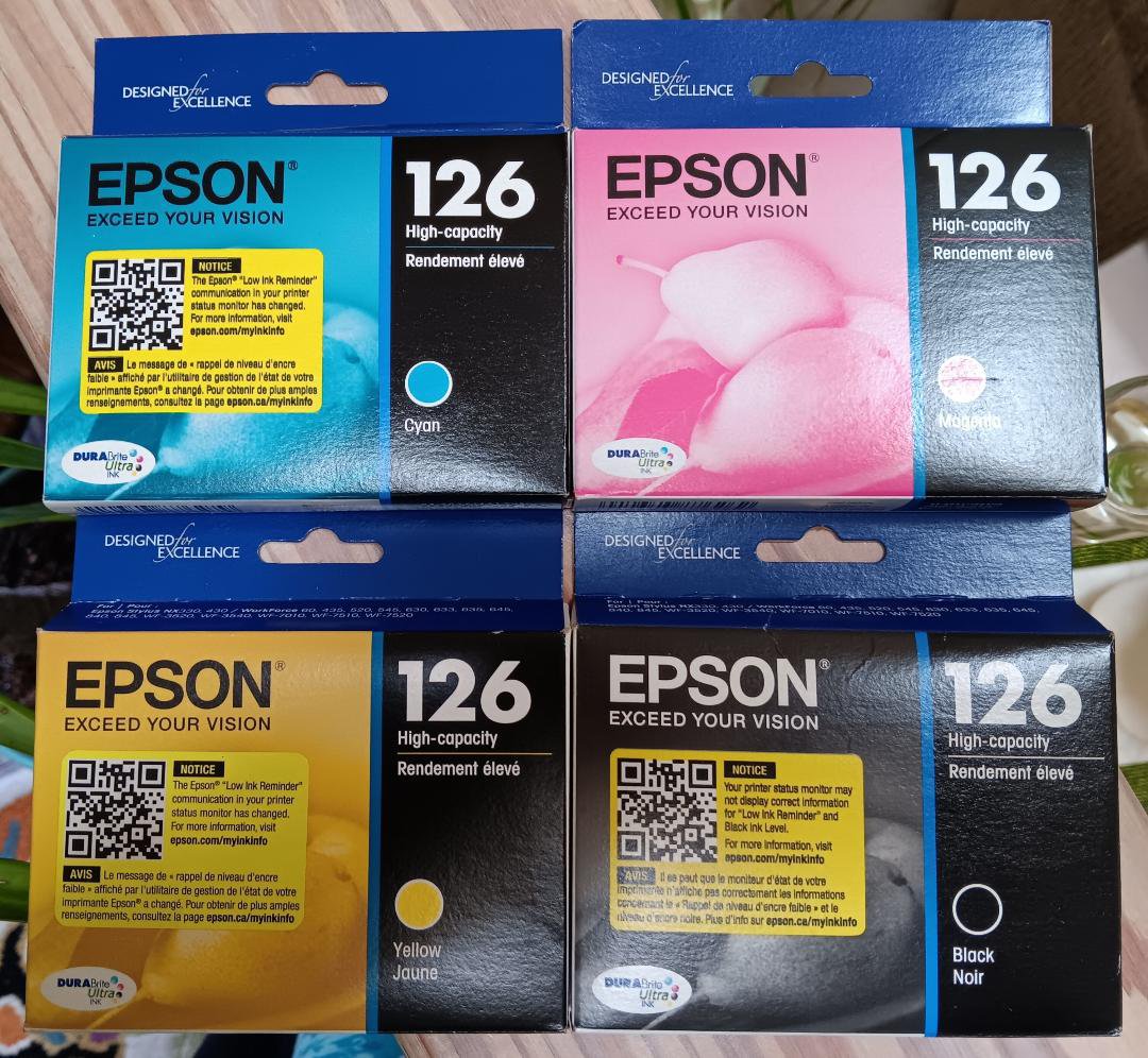 Epson 126 T126120-S Blk, T126420 Yel, T126320 Magenta, T126220-S Cyan Ink Cartridges-4 Pc Lot-New!