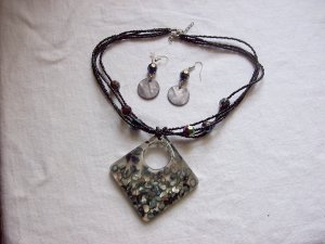 Confetti Lucite Seed Bead 4 Strand Necklace + Abalone Style Dangle Earrings