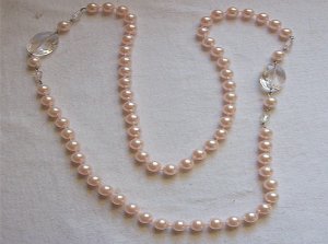 Handknotted Pink Imitation Pearls & Simulated Crystal 35" Long Necklace
