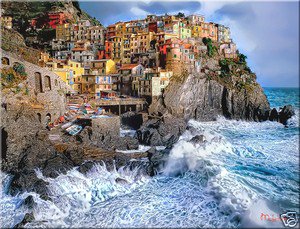 Tuscany ART Manarola Fantasy surreal ocean cliffs Italy PAINTING (24" x 30")