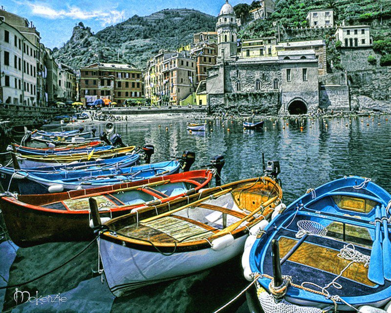Boats on the Italian Shorl Italy water cliffs ART PAINTING by McKenzie