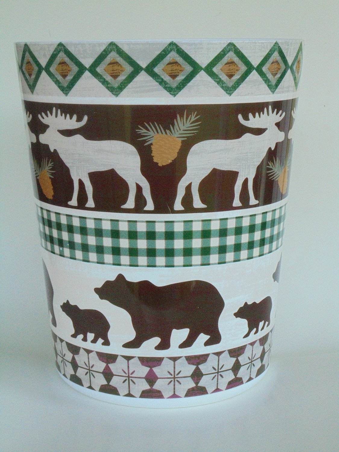 Moose Bear Pine Cones Bathroom Waste Basket Cabin Lodge Decor