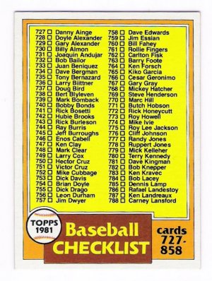 1981 Topps Traded Unmarked Checklist-1 Card