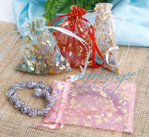 BIG Rose Flower Gold Drawstring Organza Bag - $3 each