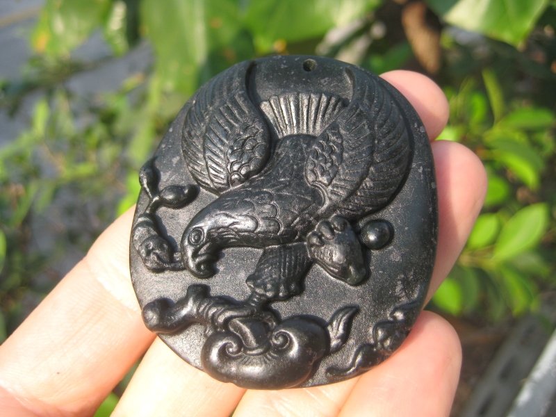 Natural Black Jade eagle pendant carving Thailand jewelry art A1
