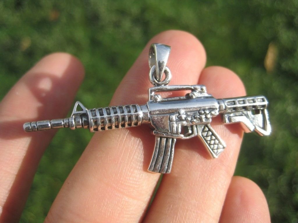 925 Sterling Silver Machine Gun M-16 Ak-47 Pendant Necklace A12