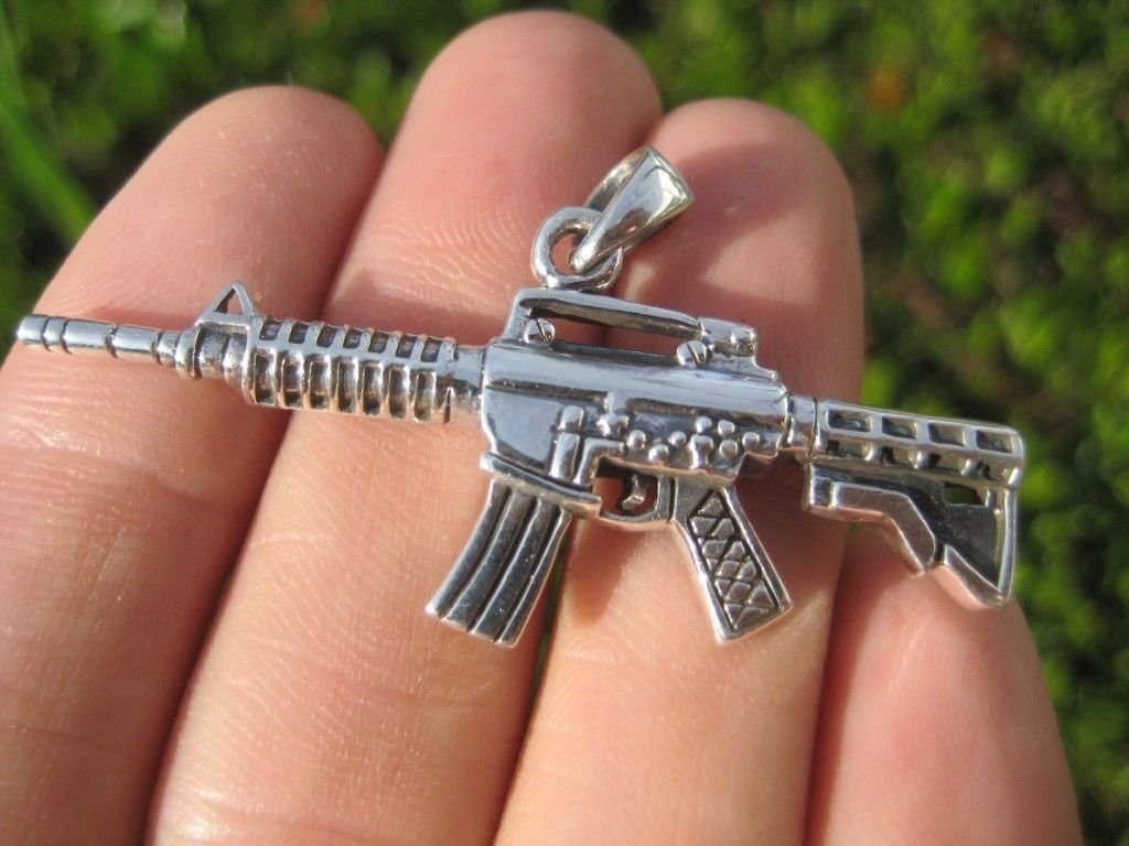 925 Sterling Silver Machine Gun M-16 AK-47 Pendant Necklace A12