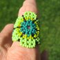 Huichol Bead Indian Flower Ring Jewelry Art Hand Made Mexico  Size 8 to 10 US
