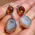 925 Silver Agate Geode Amber Earrings Taxco Mexico A8466