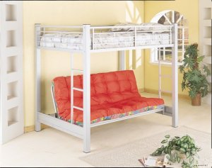 Silver Finish Metal Full Size Bunk Bed with Futon