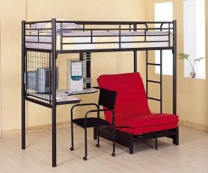 Black Finish Metal Bunk Bed with Desk Chair CD Rack