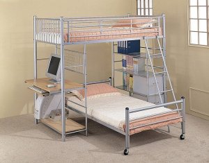 Twin Bunk Bed with Casters, Computer Station, Bookshelf, and Ladder