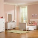 Twin Size Sleigh Bedroom Set (Bed with Drawers, Night Stand, Dresser & Mirror) In White By Atlantic