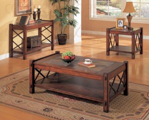 Coffee Table, End Table and Sofa Table X Design Slate Inlay Home Accent Wooden 3pc Set