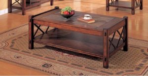 Coffee Table X Design Slate Inlay Home Accent Wooden