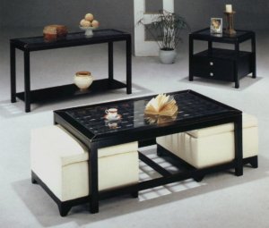 Coffee Table 5519 Solid Wood Glass Top With 2 Ottomans